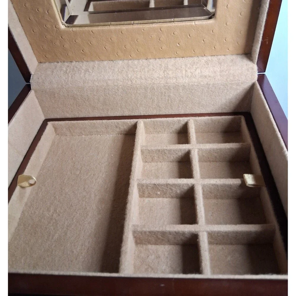Vintage Judith Ripka Wooden Jewelry Box Faux Ostrich Leather Top 3  Levels